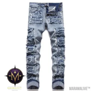 Foreign Trade Style Punk Trendy Blue With Holes Slim Stretch Hole Patch Pencil Pants Men's Jeans
