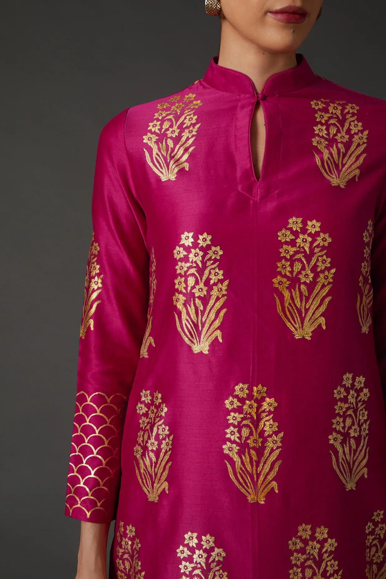 Fuchsia & Gold Block Printed Kurta With Palazzo
