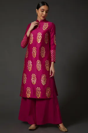 Fuchsia & Gold Block Printed Kurta With Palazzo
