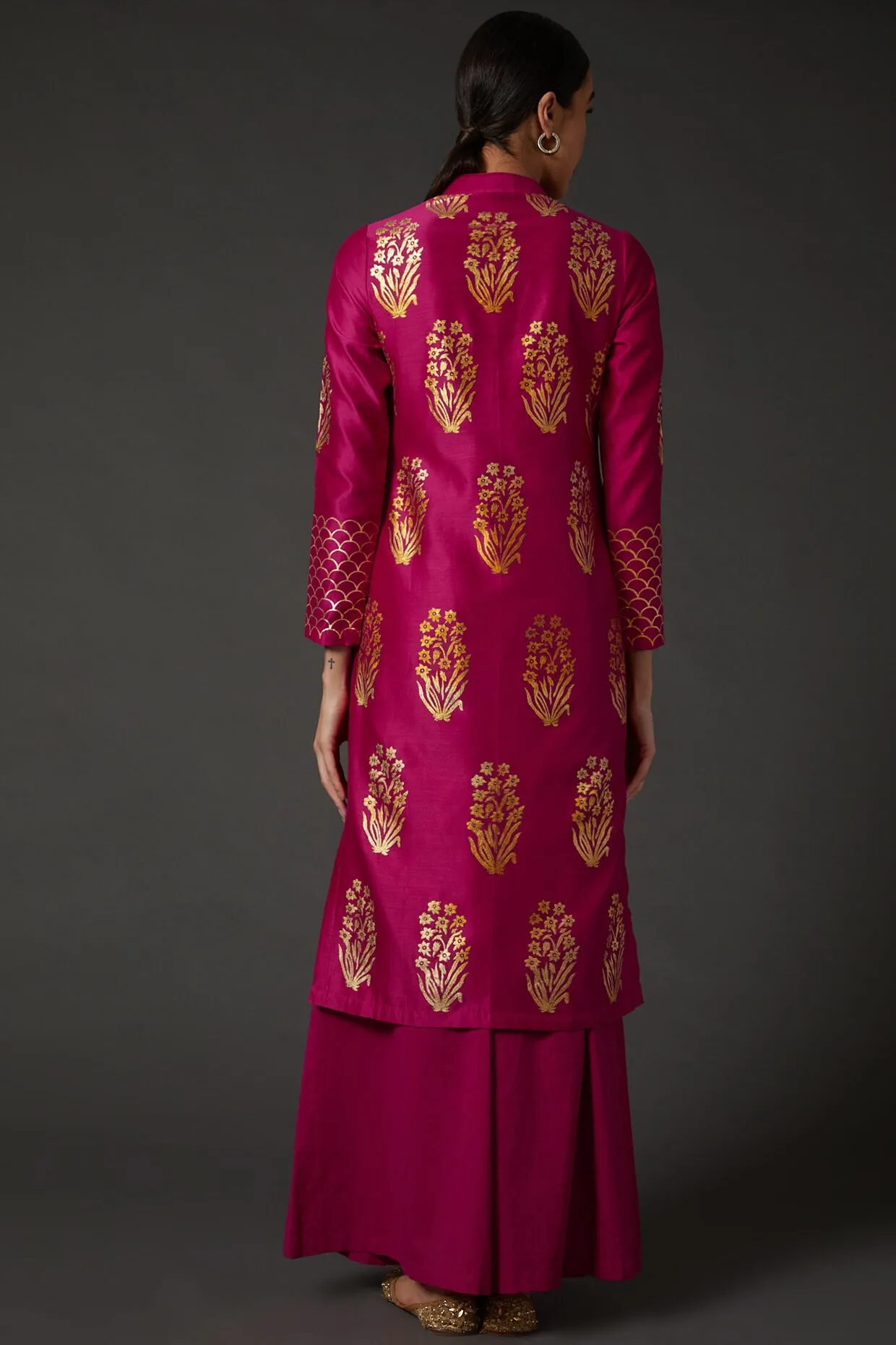 Fuchsia & Gold Block Printed Kurta With Palazzo
