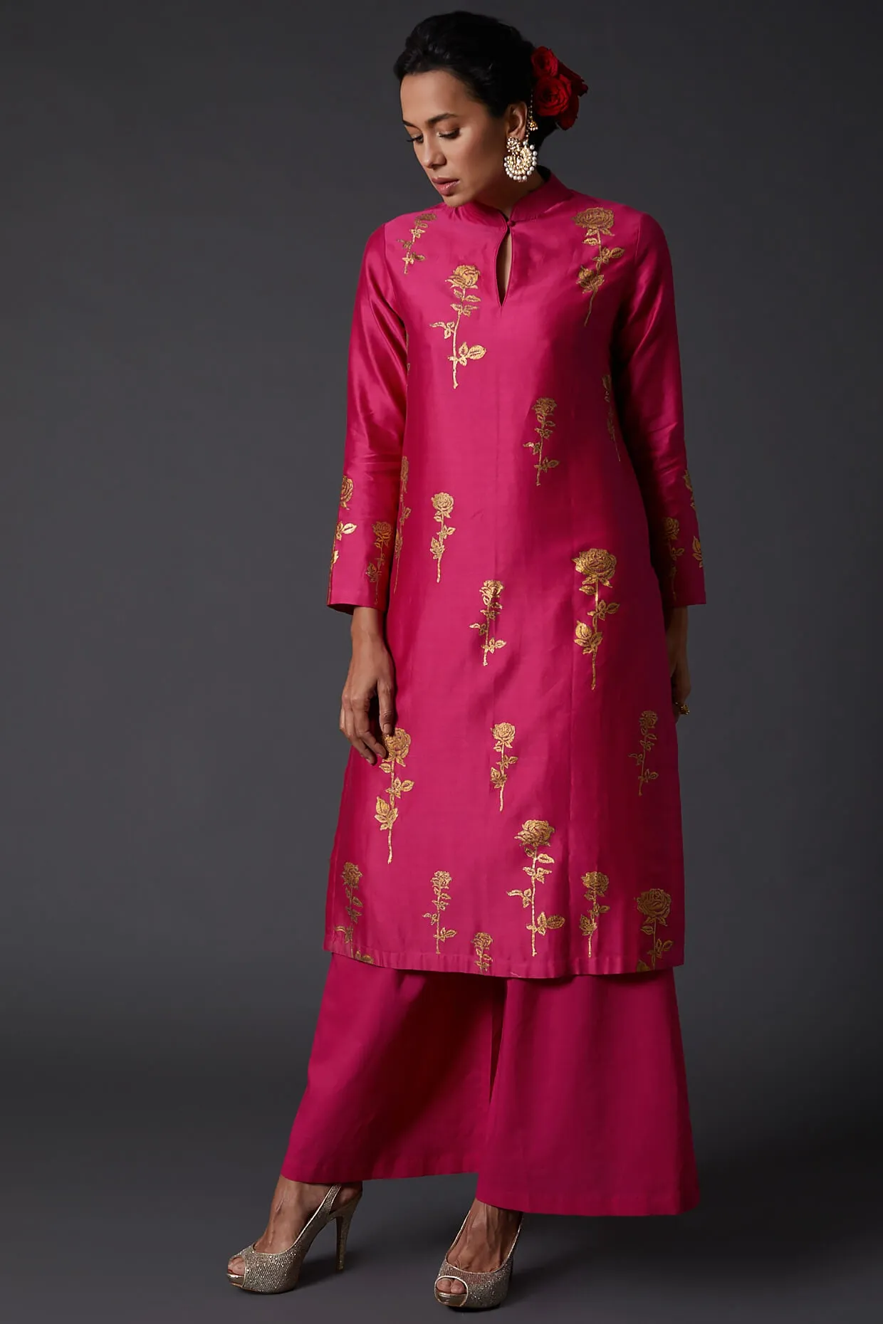 Fuchsia Block Printed Kurta With Palazzo