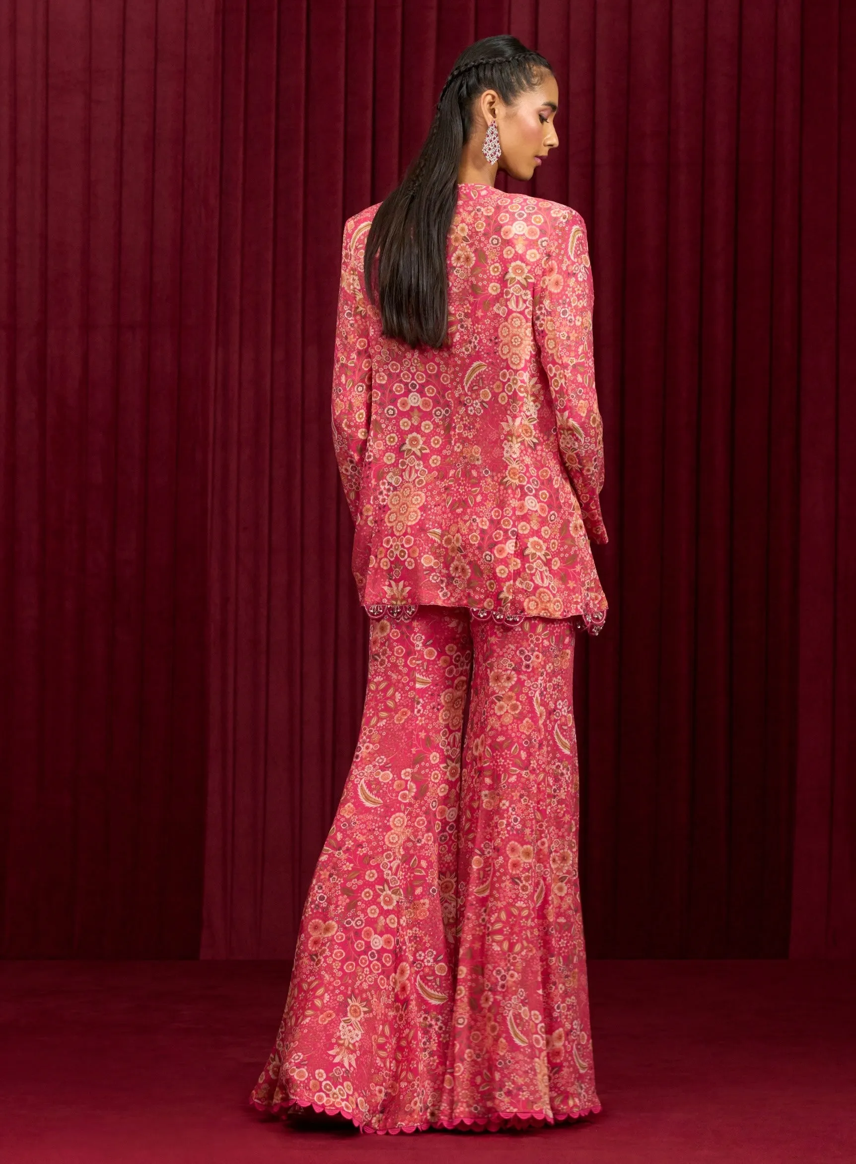 Fuchsia printed sync jacket and pant set