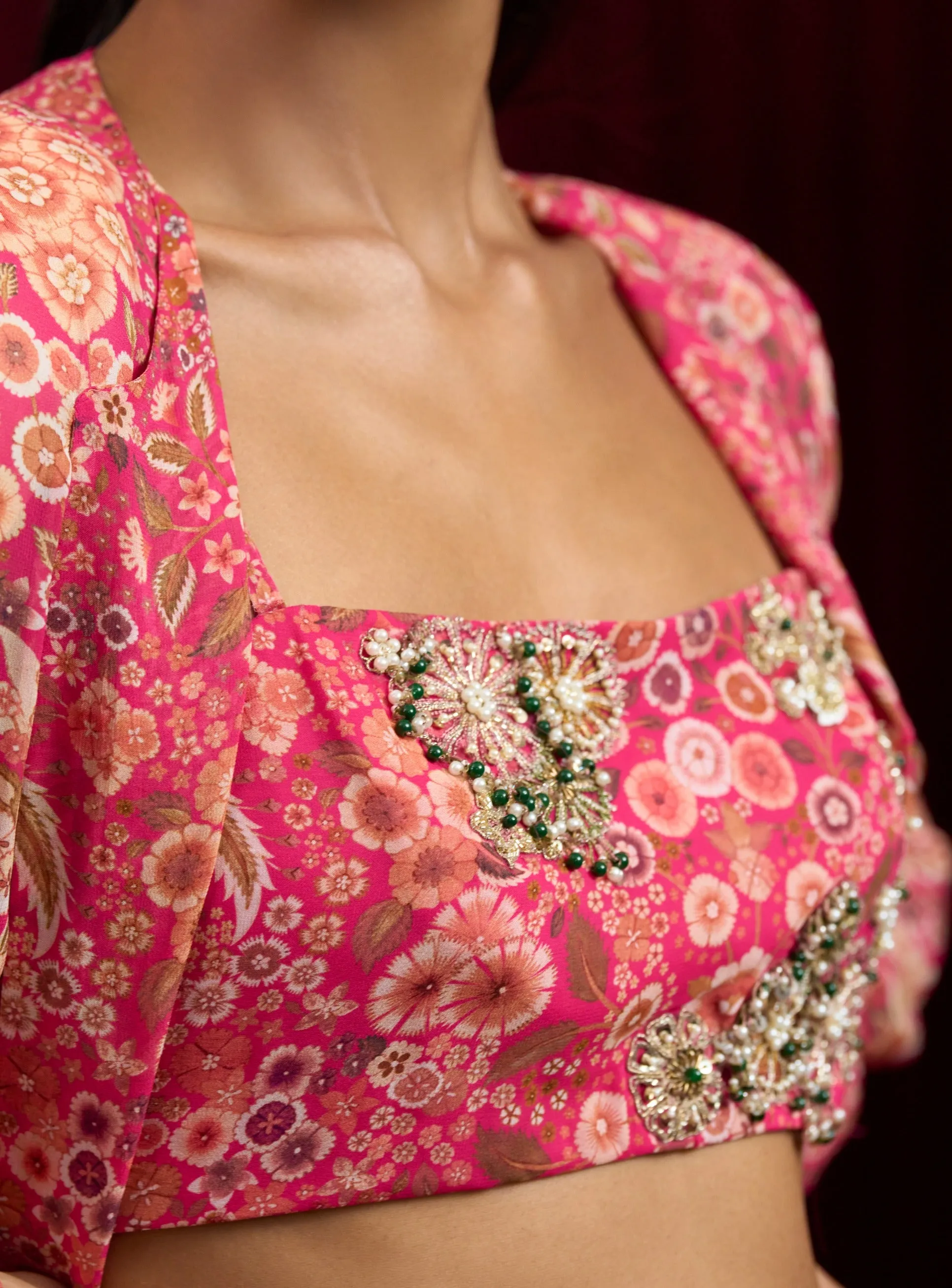 Fuchsia printed sync jacket and pant set