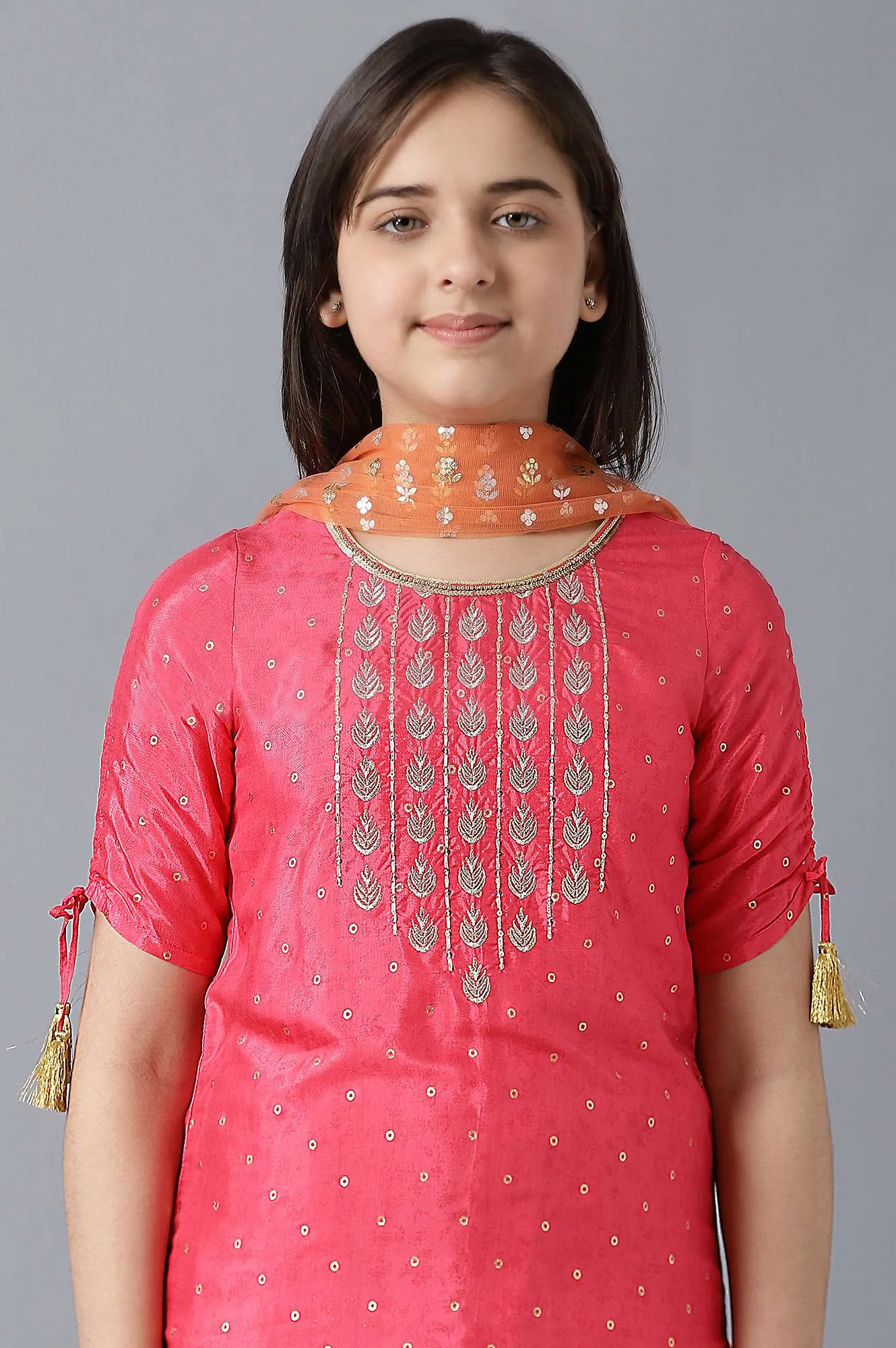 Girls Pink Printed Sequined kurta With Peach Palazzo And Dupatta