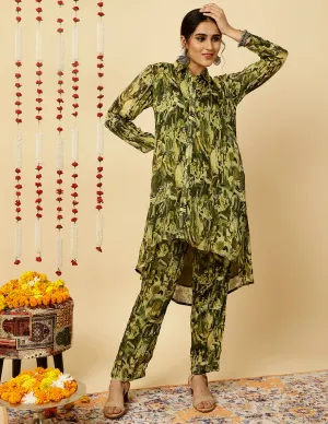 Green Abstract Printed Embroidered Co ord Set