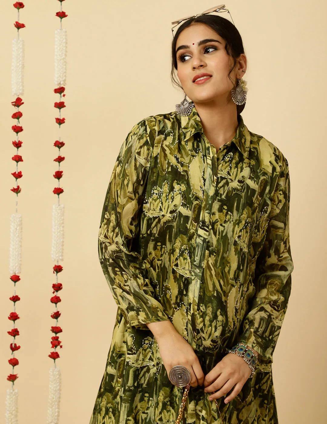 Green Abstract Printed Embroidered Co ord Set