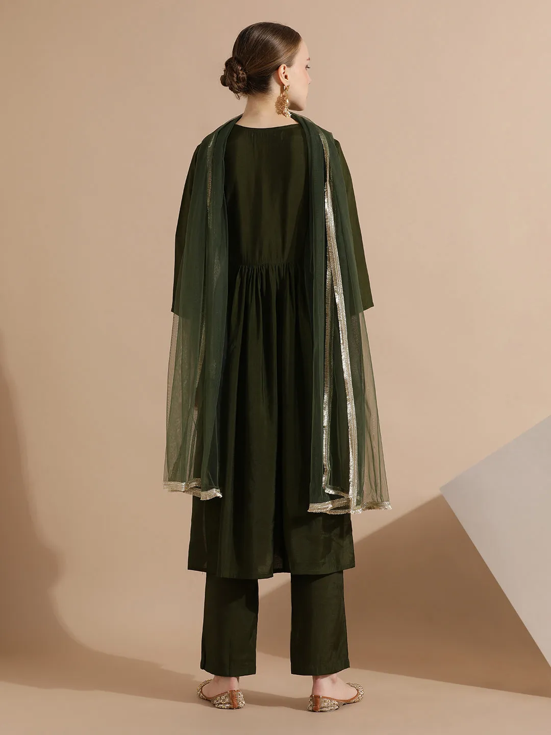 Green Festive Embroidered A-Line Kurta Set With Dupatta