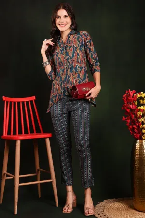 Green Floral Printed Chanderi Silk Tunic with Trousers Co-Ord Set for Women | S-XXL | Claura