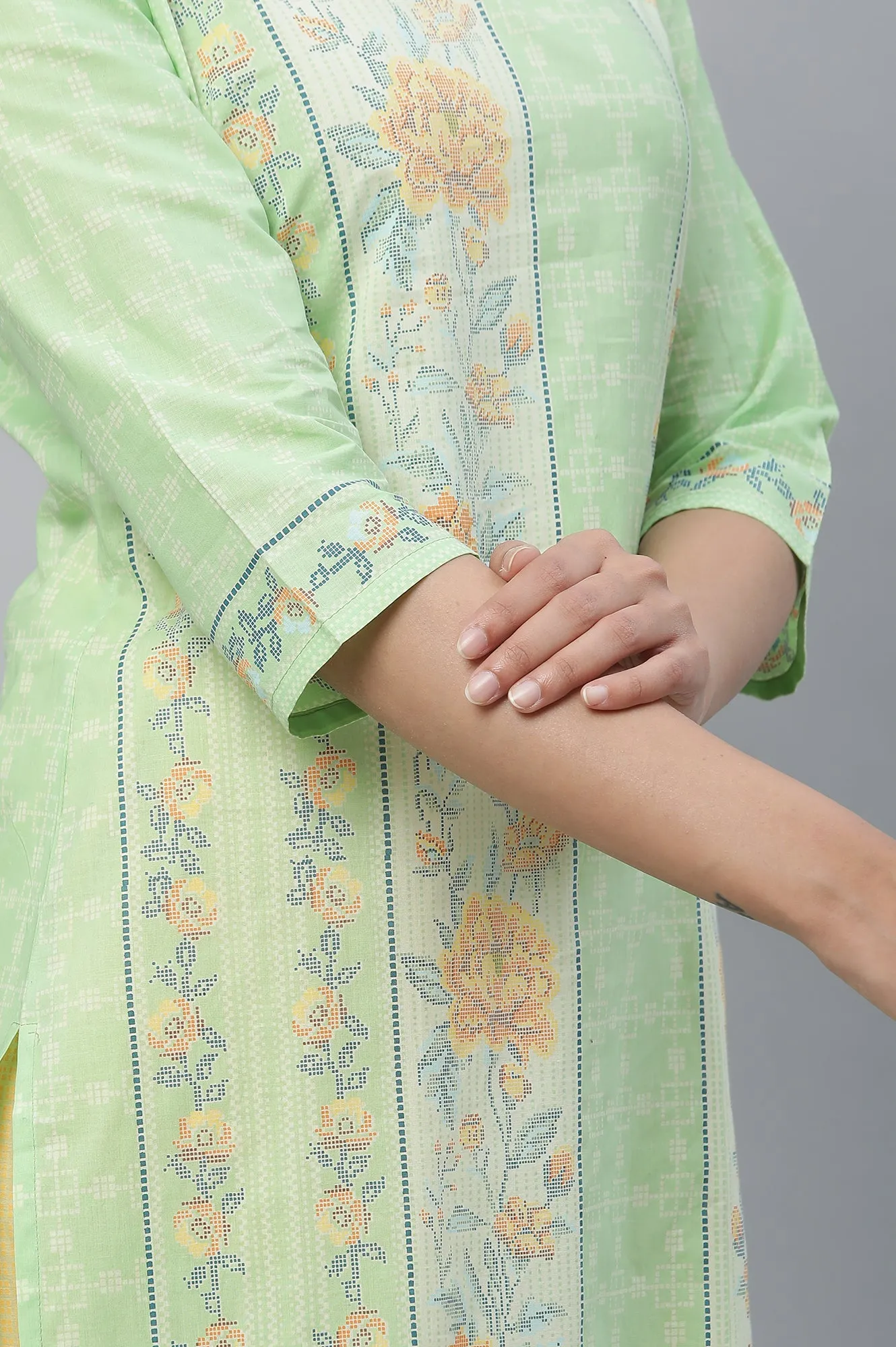 Green Floral Printed Cotton Kurta