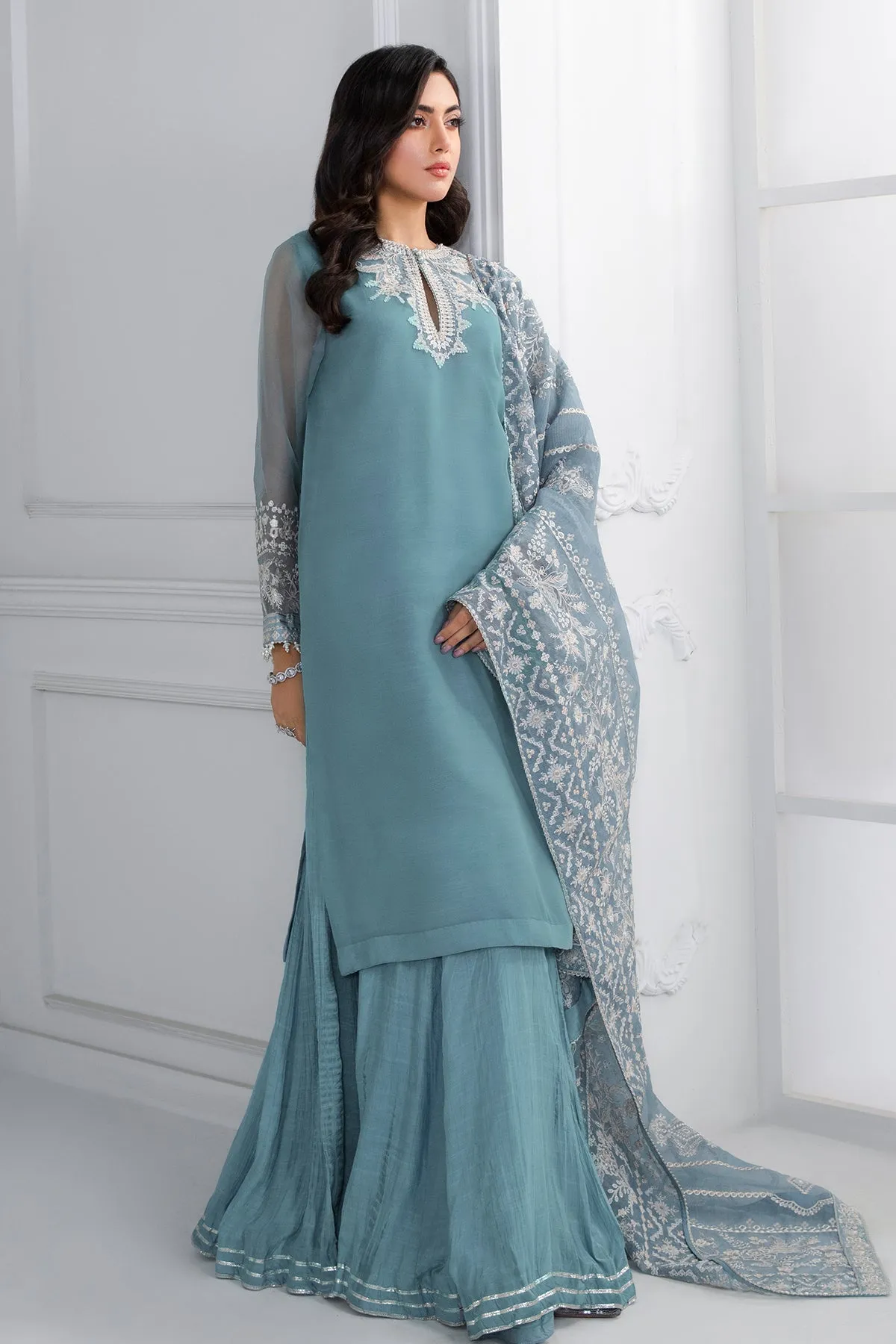 Green Pakistani Long Kameez Sharara Party Wear