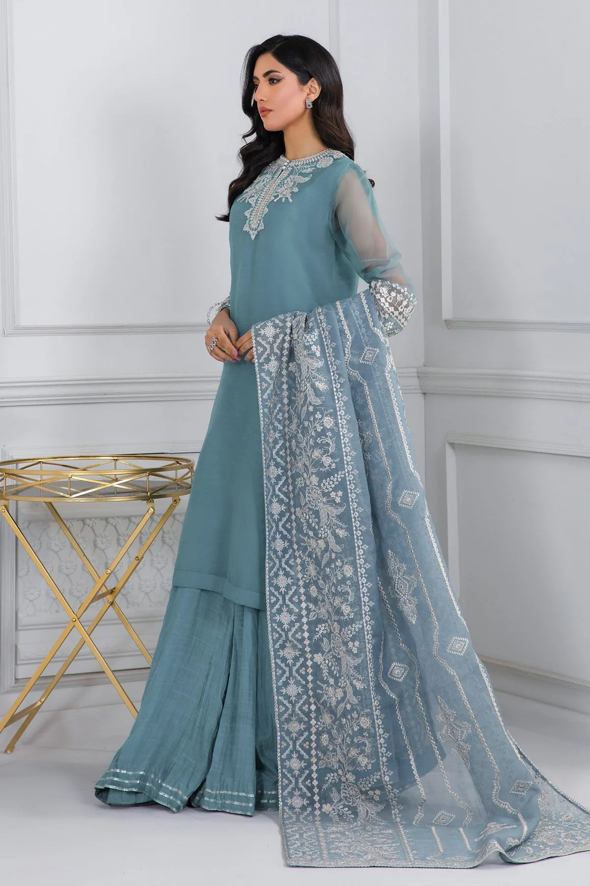 Green Pakistani Long Kameez Sharara Party Wear