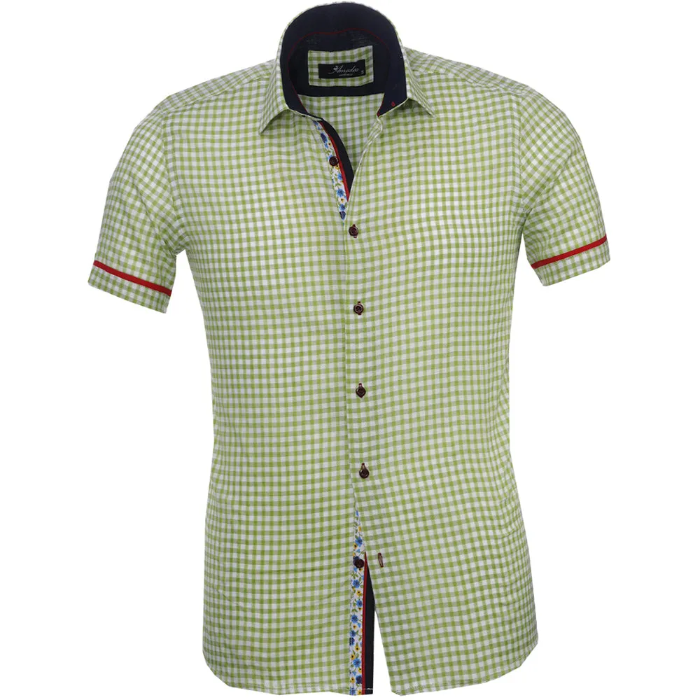Green White Checkered Mens Short Sleeve Button up Shirts - Tailored Slim Fit Cotton Dress Shirts