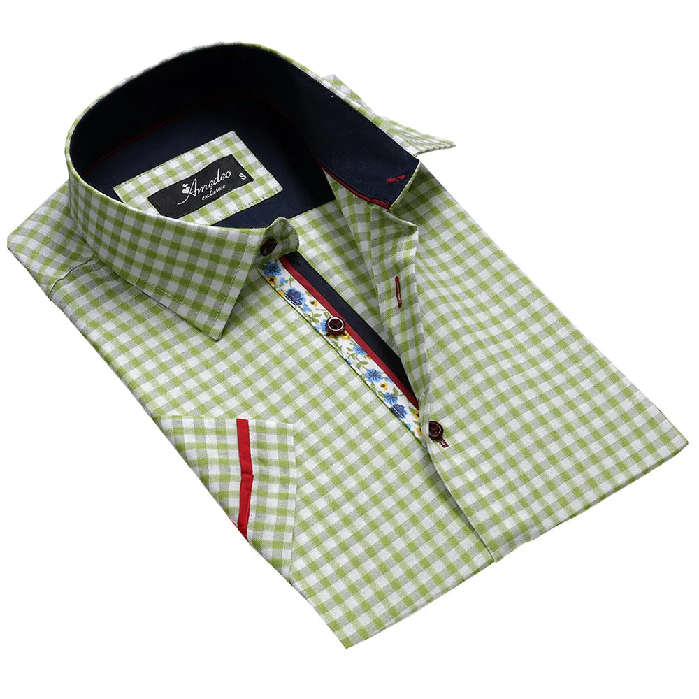 Green White Checkered Mens Short Sleeve Button up Shirts - Tailored Slim Fit Cotton Dress Shirts