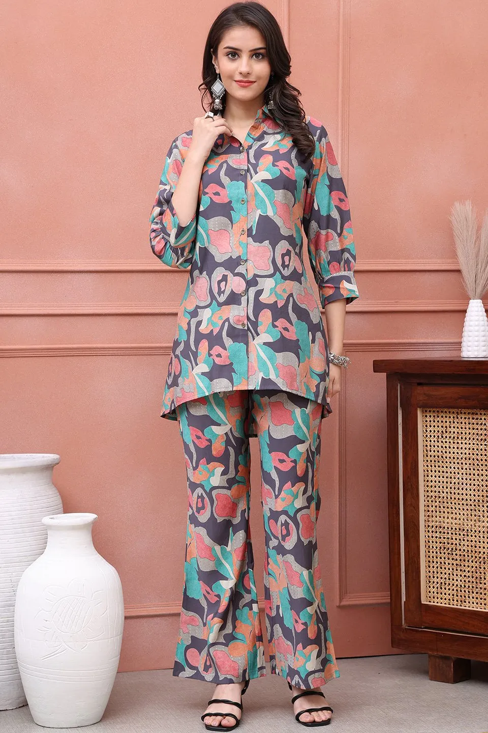Grey Abstract Printed Premium Chanderi Co-Ord Set for Women | S-3XL | Claura