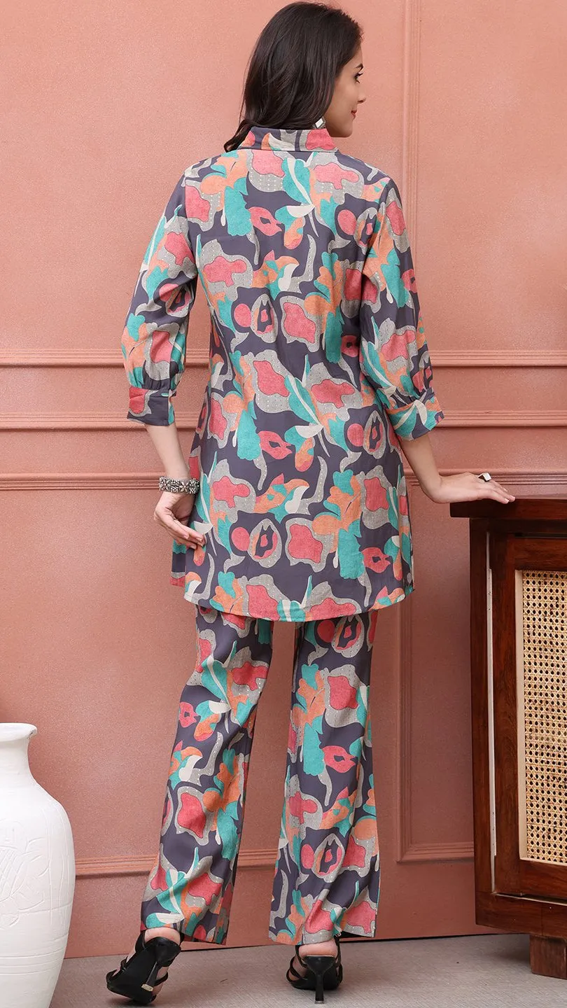 Grey Abstract Printed Premium Chanderi Co-Ord Set for Women | S-3XL | Claura