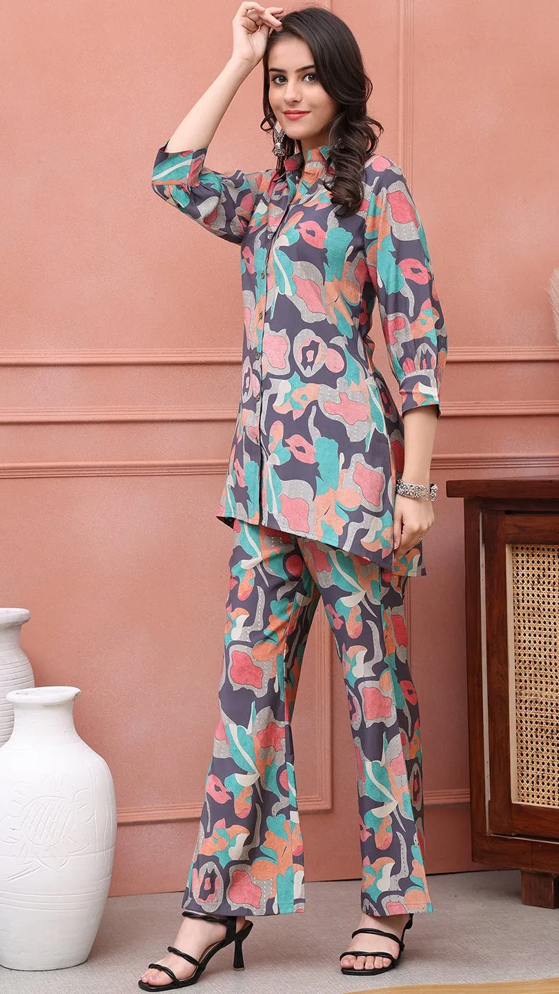Grey Abstract Printed Premium Chanderi Co-Ord Set for Women | S-3XL | Claura