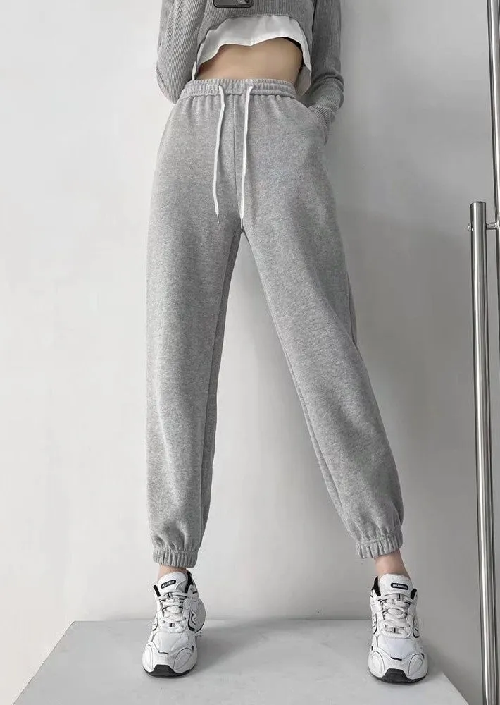Grey Cuffed Solid High Waist Jogger
