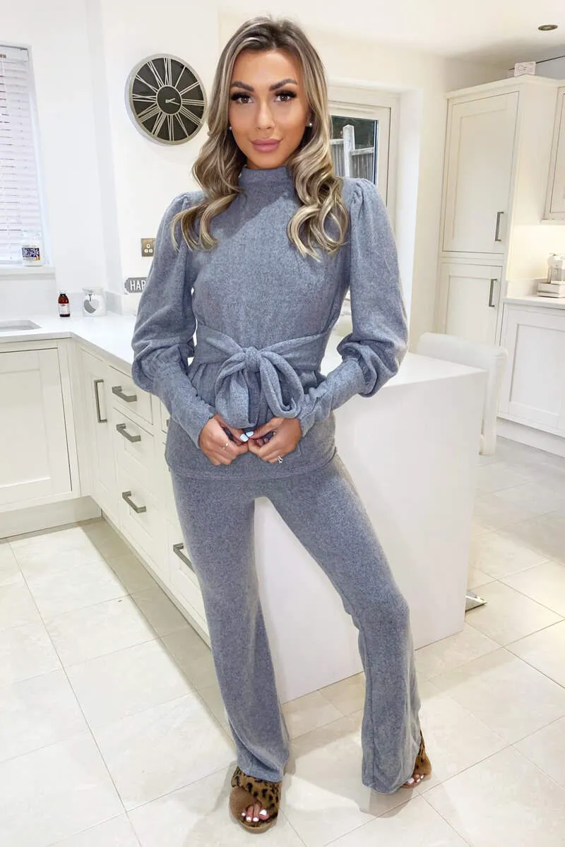 Grey Puff Sleeve Soft Touch Lounge Set