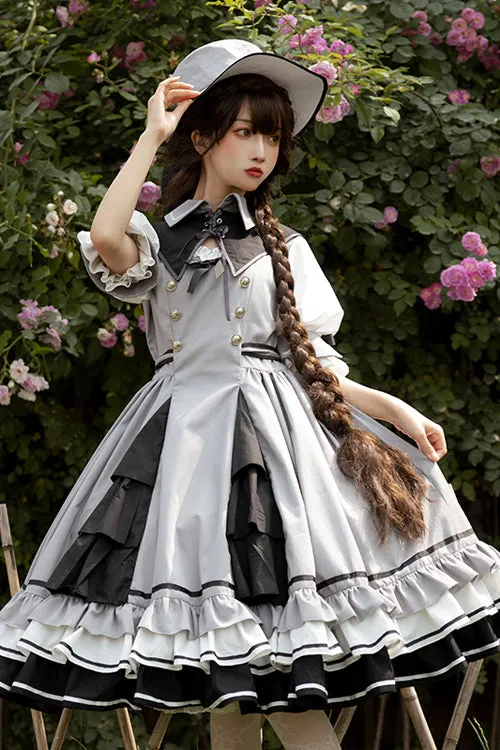 Grey Vintage Elegant Layered Hem Ruffled Round Collar Short Sleeves High Waisted Sweet Lolita Dress