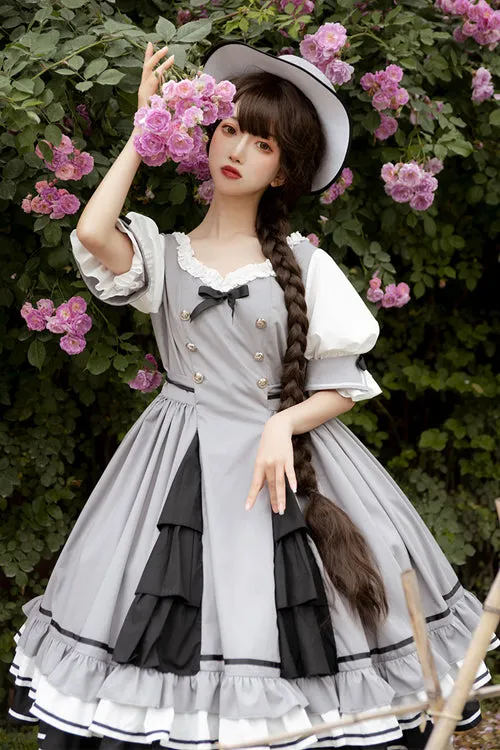Grey Vintage Elegant Layered Hem Ruffled Round Collar Short Sleeves High Waisted Sweet Lolita Dress
