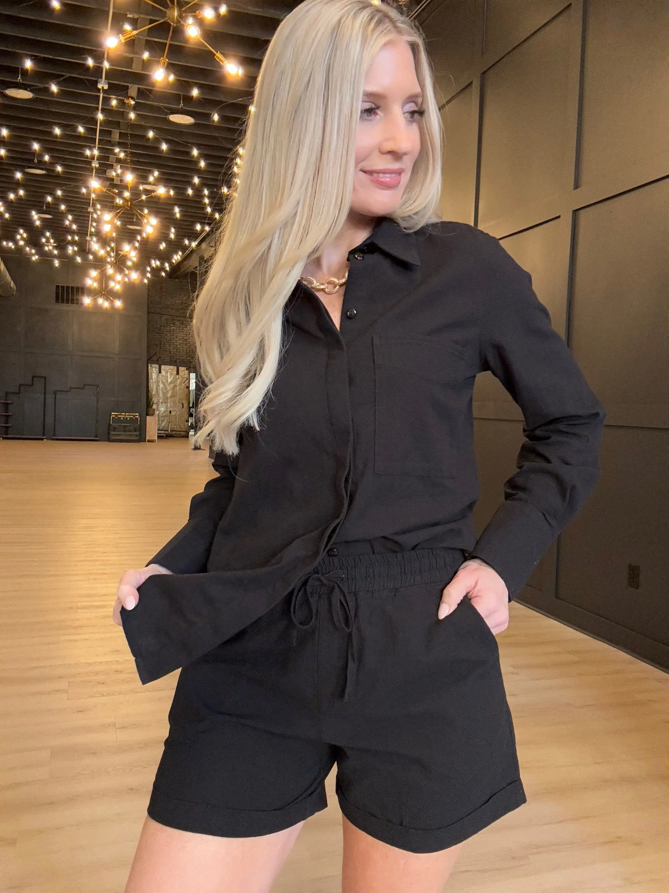 Hancock McKinney Untucked Button Down Bodysuit In Tocuyo Black