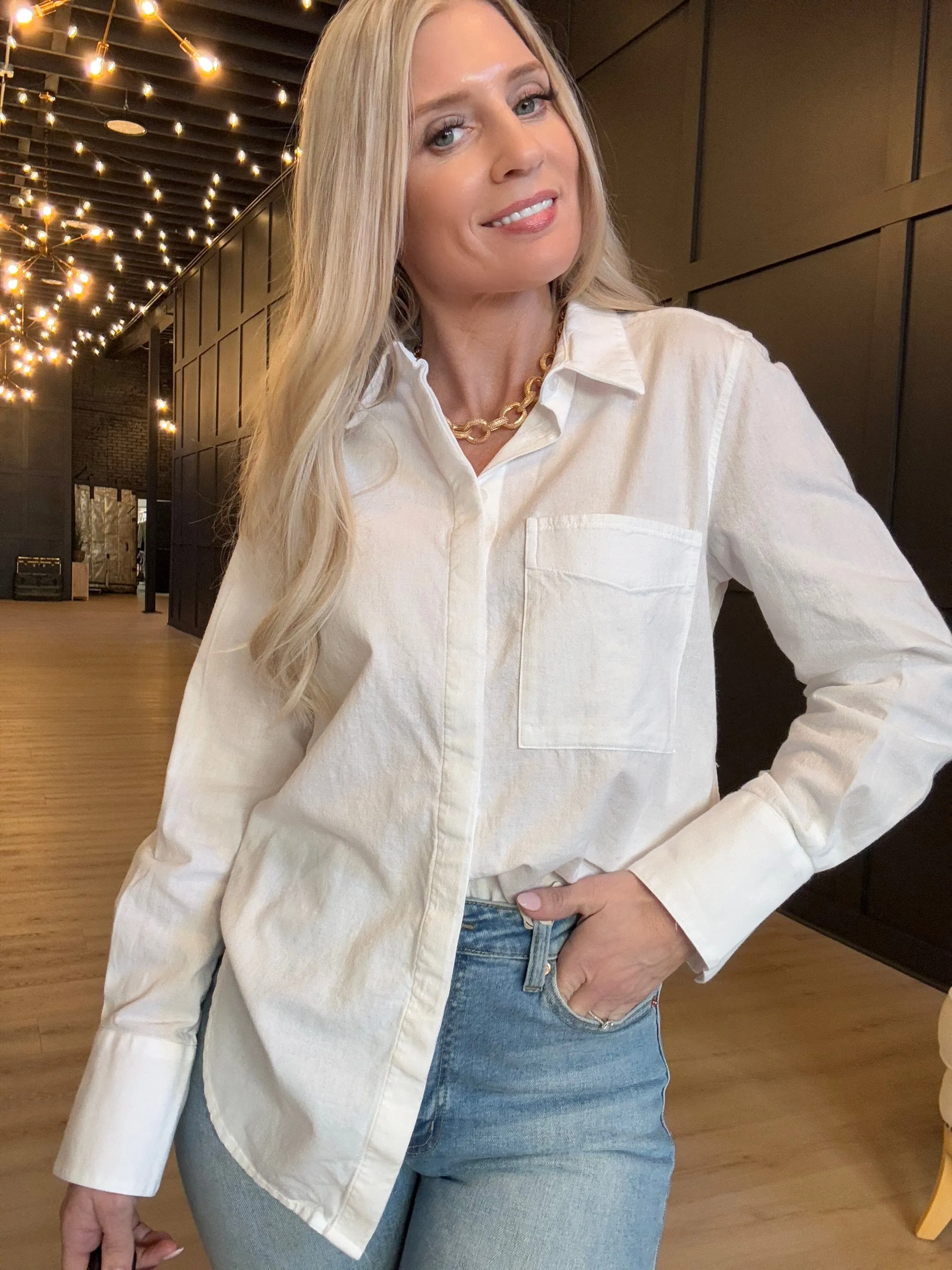 Hancock McKinney Untucked Button Down Bodysuit In Tocuyo White