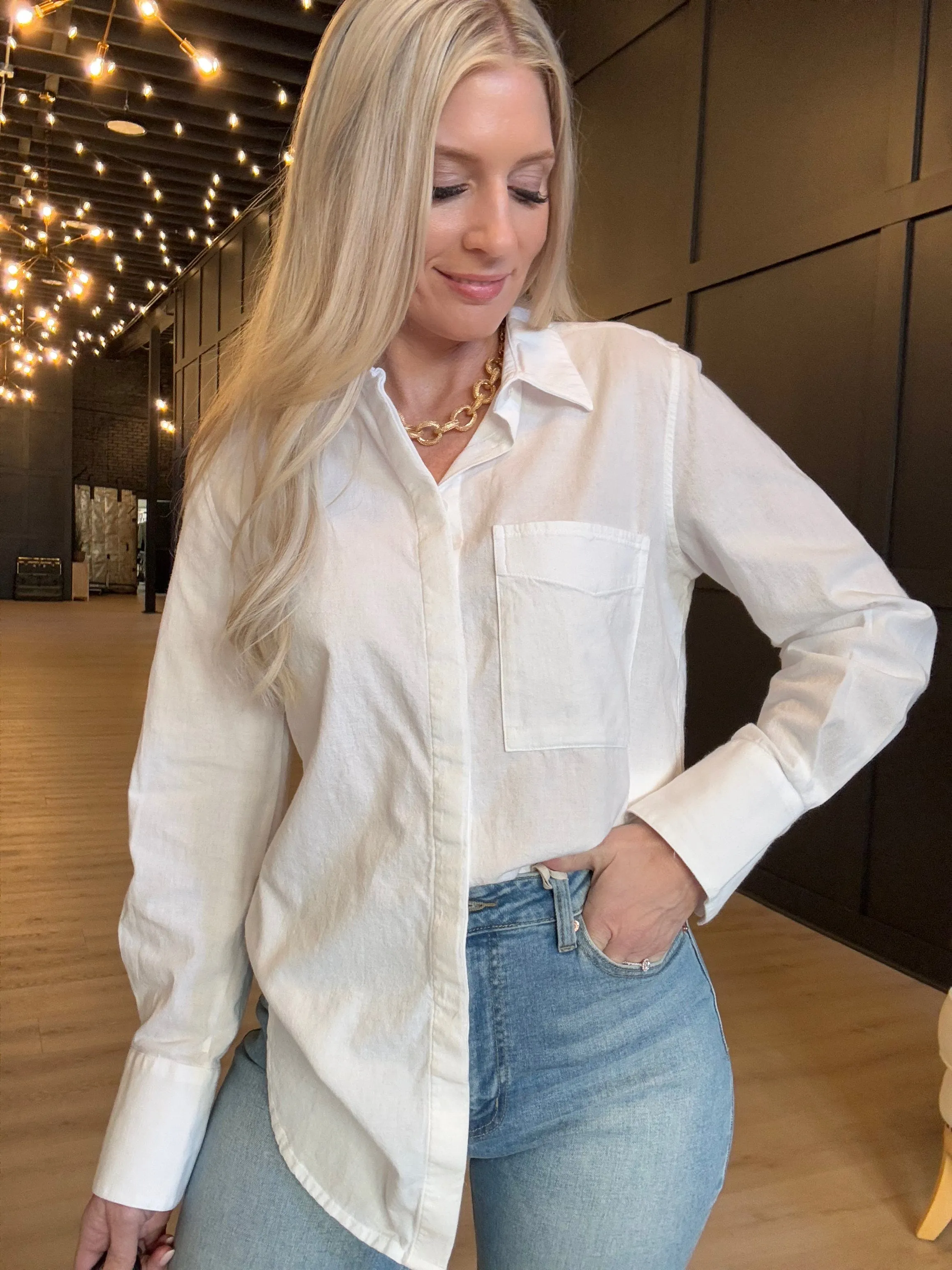 Hancock McKinney Untucked Button Down Bodysuit In Tocuyo White