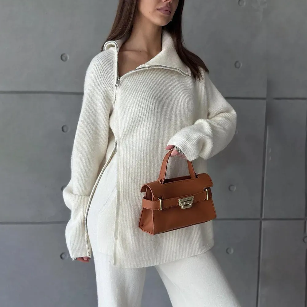 High Collar Zipper Knitted Casual Sweater Two Piece Set