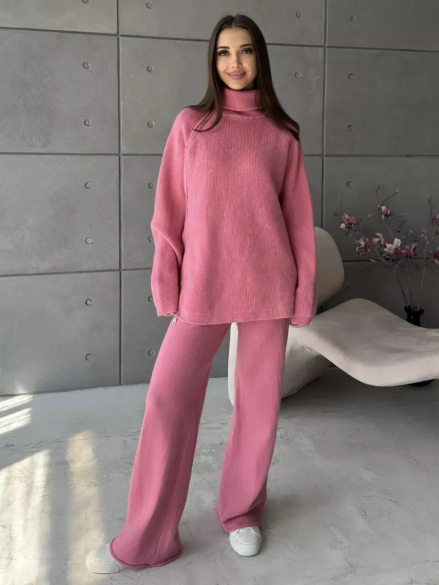 High Collar Zipper Knitted Casual Sweater Two Piece Set