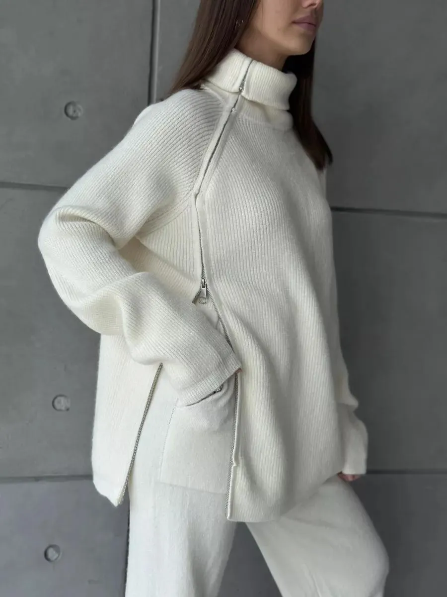 High Collar Zipper Knitted Casual Sweater Two Piece Set