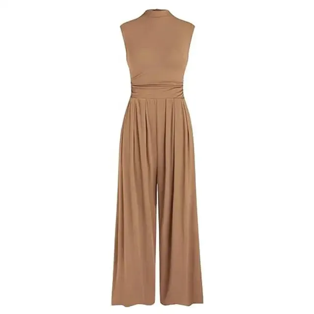 High Neck Wide-Leg Jumpsuit | Royal Blue Polyester | Elegant and Versatile