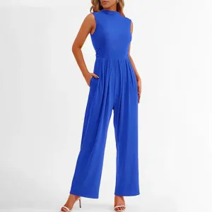 High Neck Wide-Leg Jumpsuit | Royal Blue Polyester | Elegant and Versatile