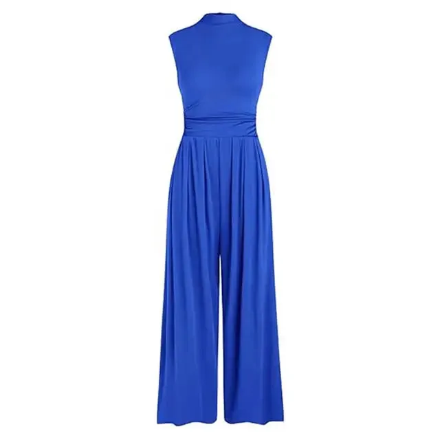 High Neck Wide-Leg Jumpsuit | Royal Blue Polyester | Elegant and Versatile