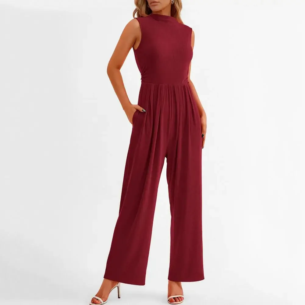 High Neck Wide-Leg Jumpsuit | Royal Blue Polyester | Elegant and Versatile