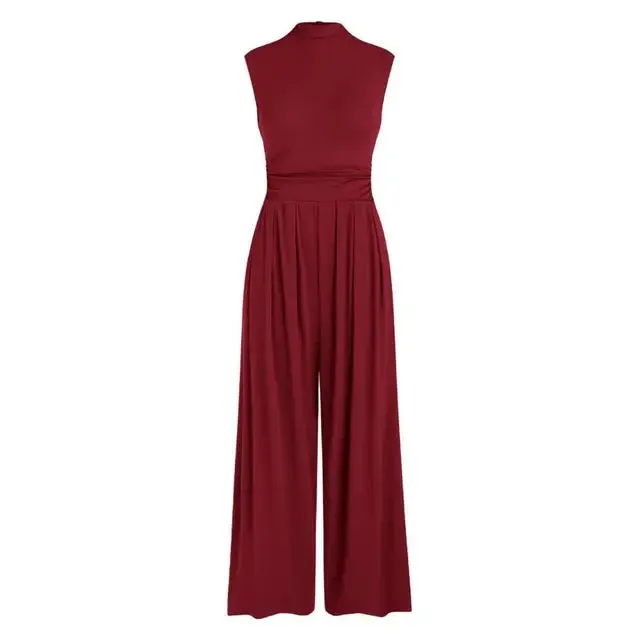 High Neck Wide-Leg Jumpsuit | Royal Blue Polyester | Elegant and Versatile