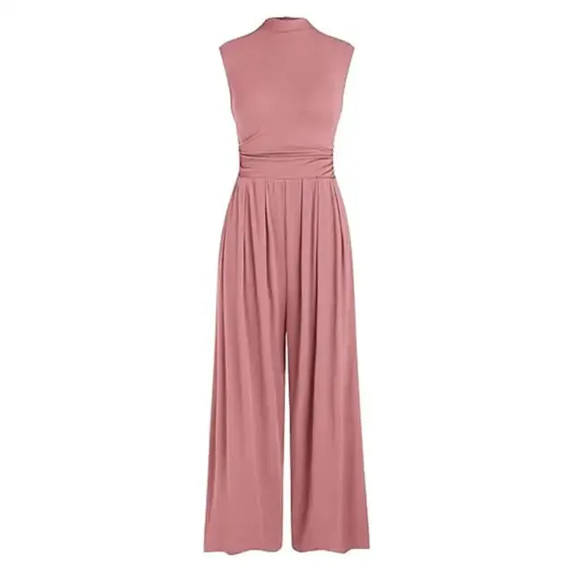 High Neck Wide-Leg Jumpsuit | Royal Blue Polyester | Elegant and Versatile