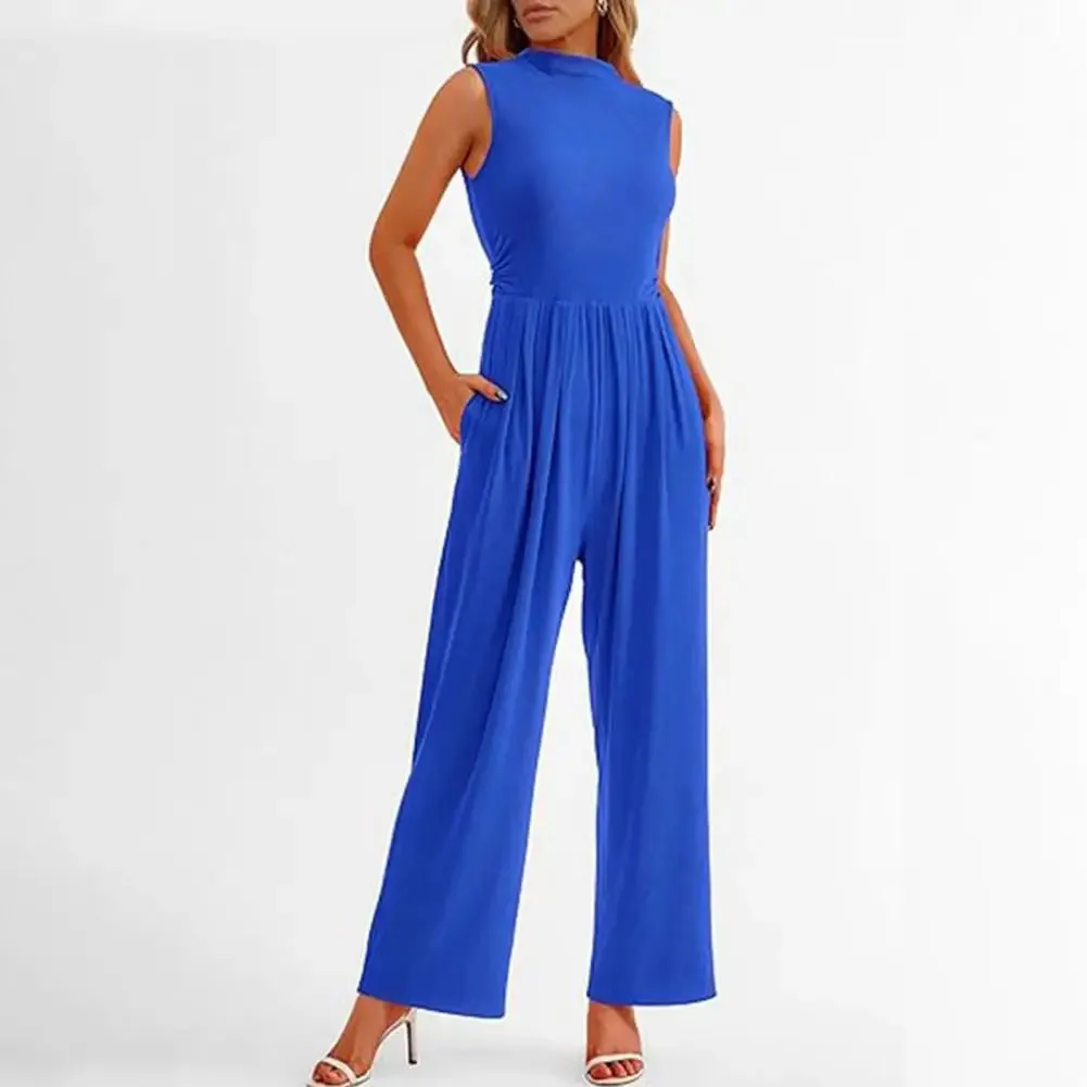High Neck Wide-Leg Jumpsuit | Royal Blue Polyester | Elegant and Versatile