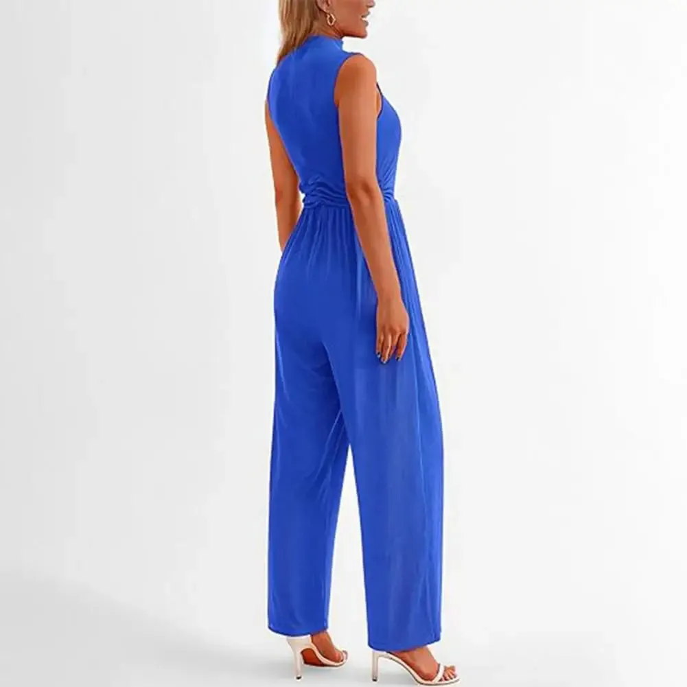 High Neck Wide-Leg Jumpsuit | Royal Blue Polyester | Elegant and Versatile