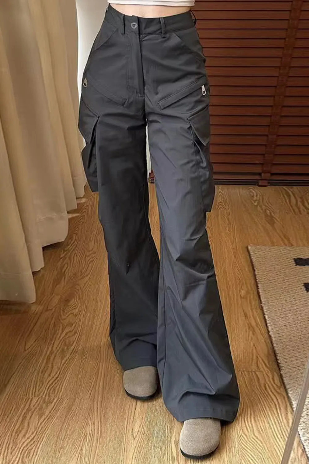 High Waist Big Cargo Pockets Flare Pants