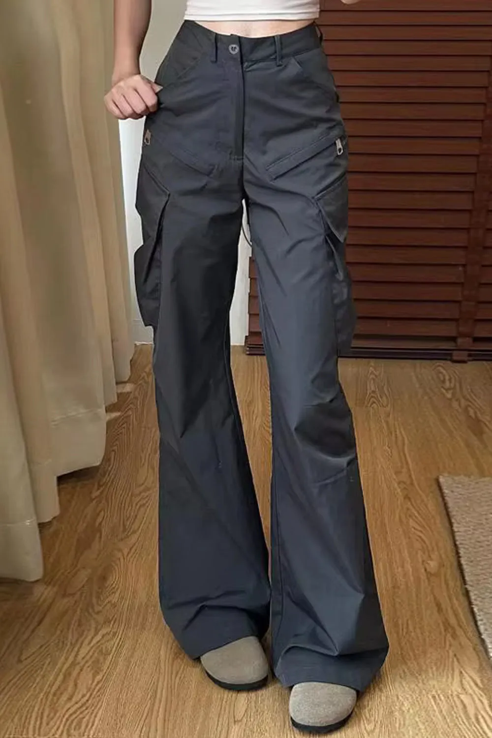 High Waist Big Cargo Pockets Flare Pants
