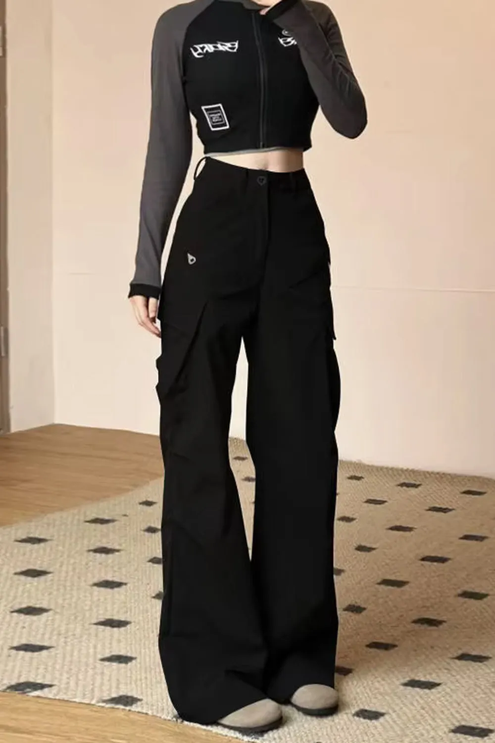 High Waist Big Cargo Pockets Flare Pants