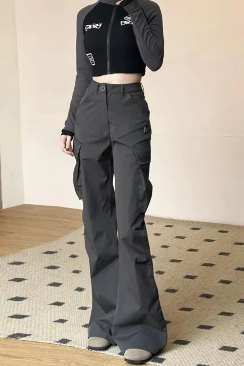 High Waist Big Cargo Pockets Flare Pants