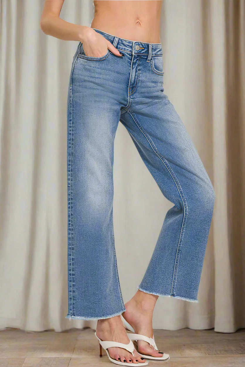 High Waist Straight Leg Medium Wash Denim Pants