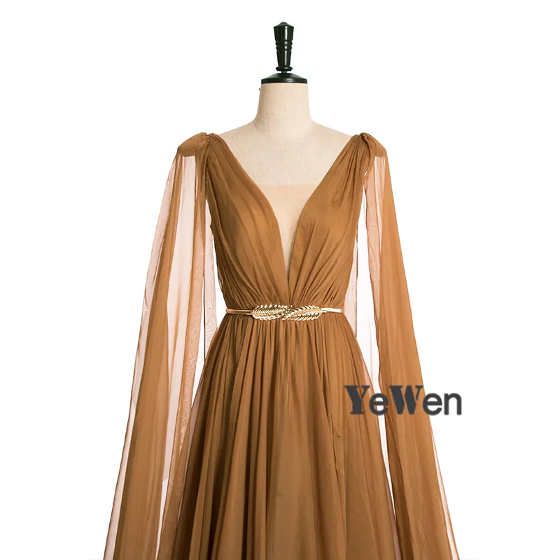Higher Waist Chiffon V Neck Cape Sleeve Elegant Party Maxi Dress Maternity Gown Lace up
