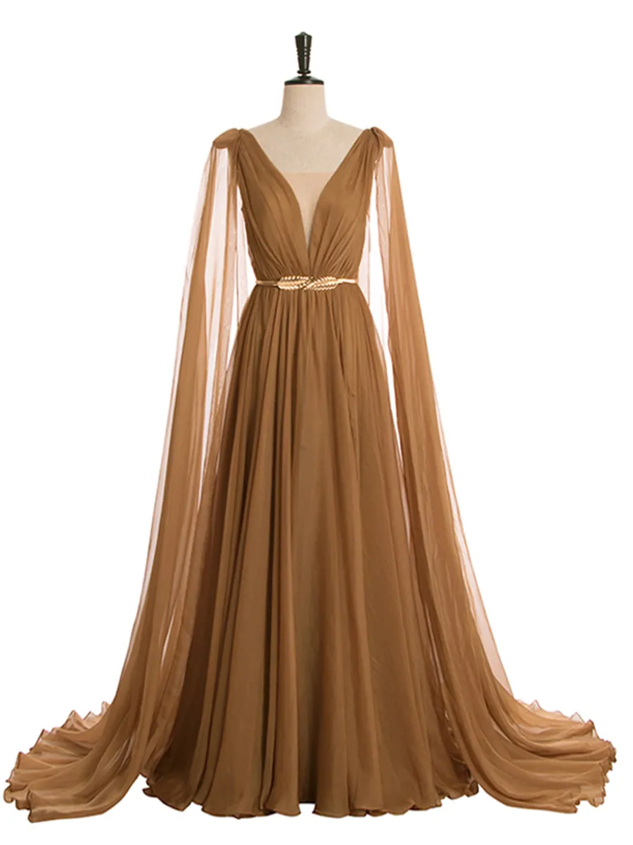 Higher Waist Chiffon V Neck Cape Sleeve Elegant Party Maxi Dress Maternity Gown Lace up