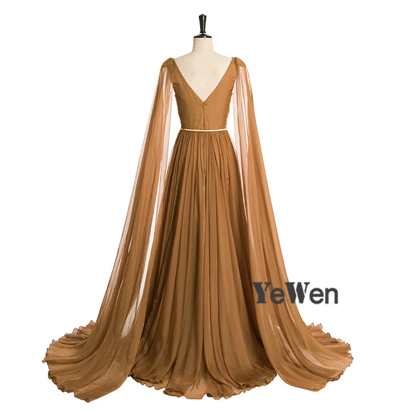 Higher Waist Chiffon V Neck Cape Sleeve Elegant Party Maxi Dress Maternity Gown Lace up