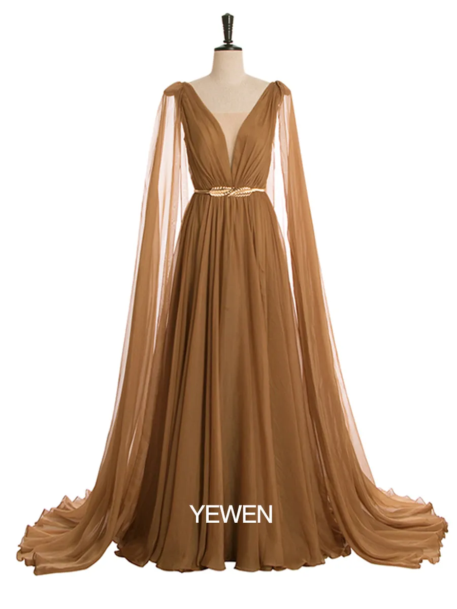 Higher Waist Chiffon V Neck Cape Sleeve Elegant Party Maxi Dress Maternity Gown Lace up