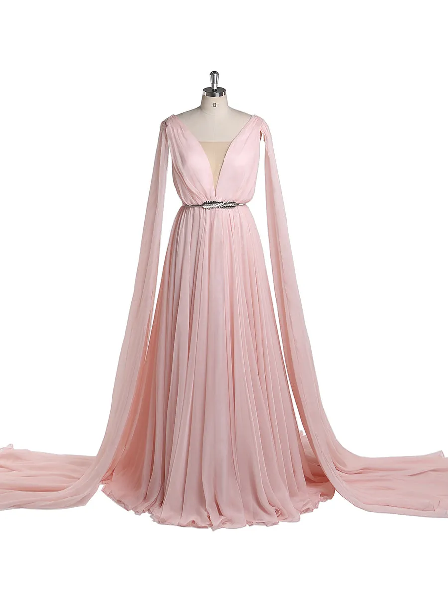 Higher Waist Chiffon V Neck Cape Sleeve Elegant Party Maxi Dress Maternity Gown Lace up