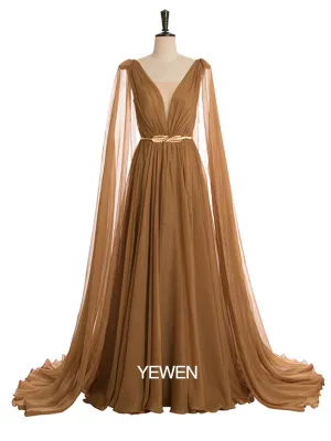 Higher Waist Chiffon V Neck Cape Sleeve Elegant Party Maxi Dress Maternity Gown Lace up