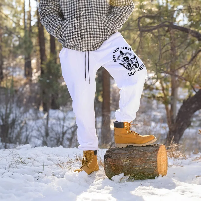 HOPE THEY SERVE TACOS IN HELL SMOKING SKULL GRAPHIC PRINT JOGGERS